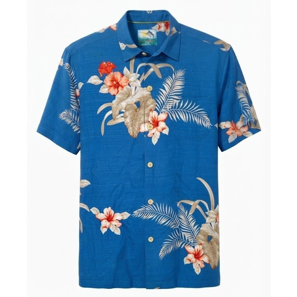 Tommy Bahama Island Modern Fit Blue Silk Floral Hawaiian Shirt Large - CJ